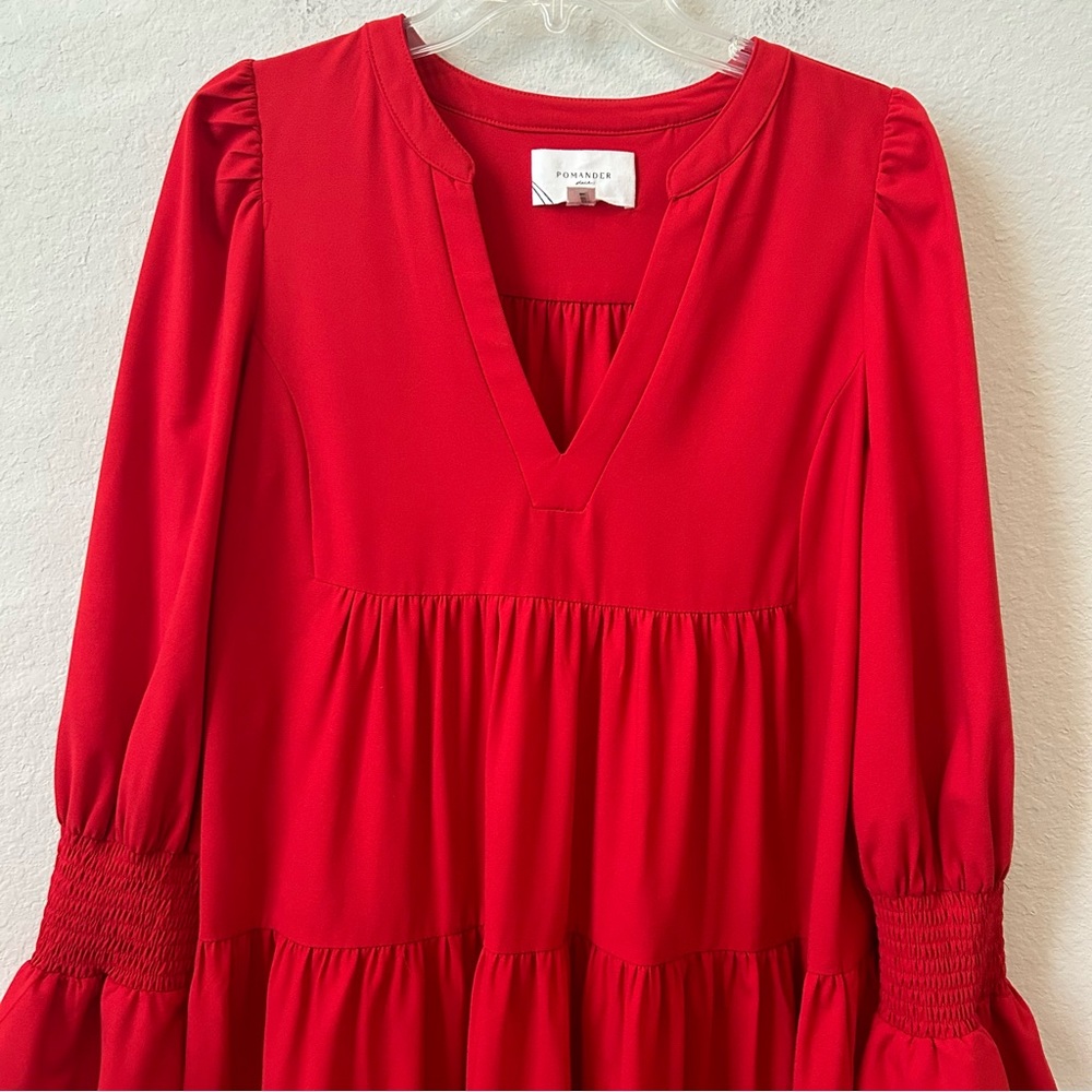 Tuckernot Pomander Place Red Crepe Kenzo Ruffle via-neck long sleeve Dress Sz L - Picture 6 of 16